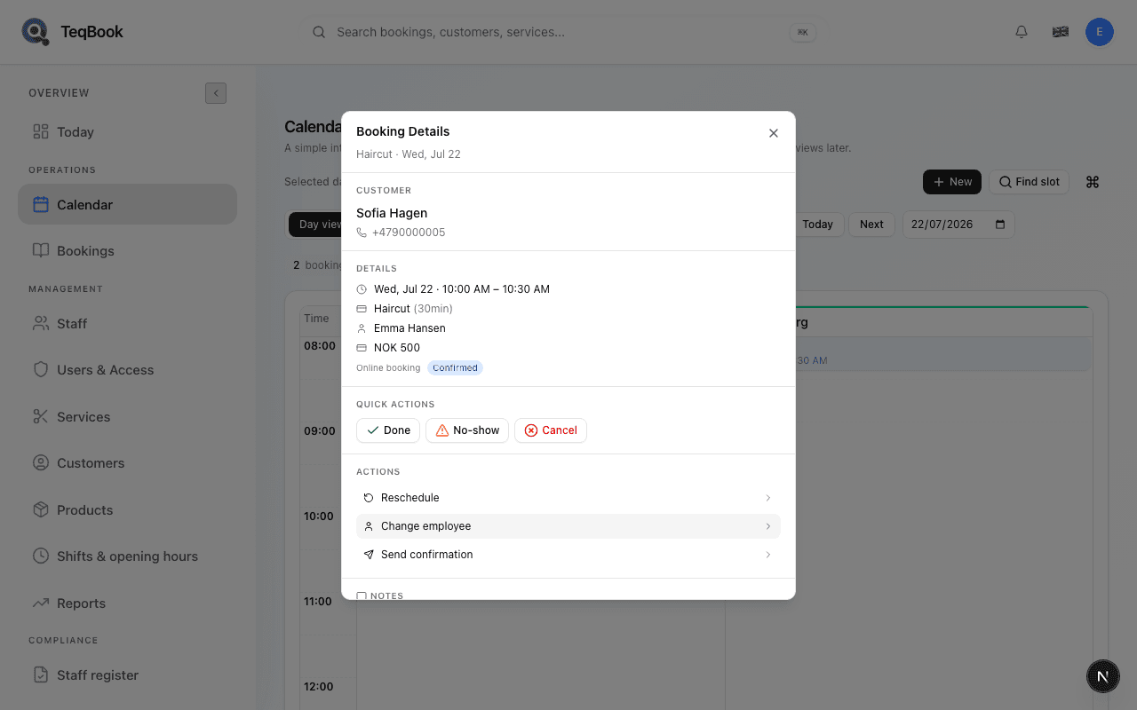 Booking Details Actions including Change employee