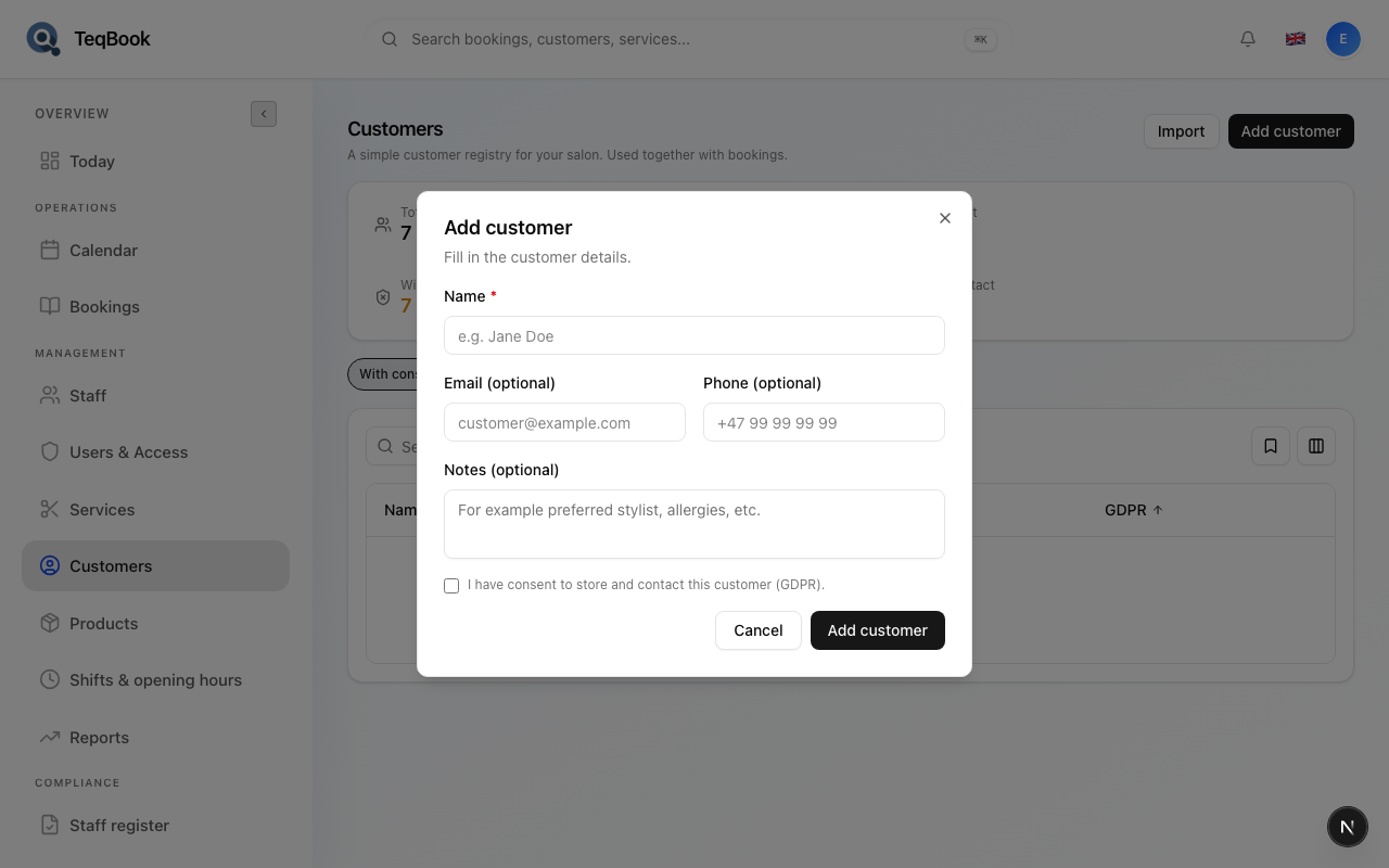 Add customer dialog open