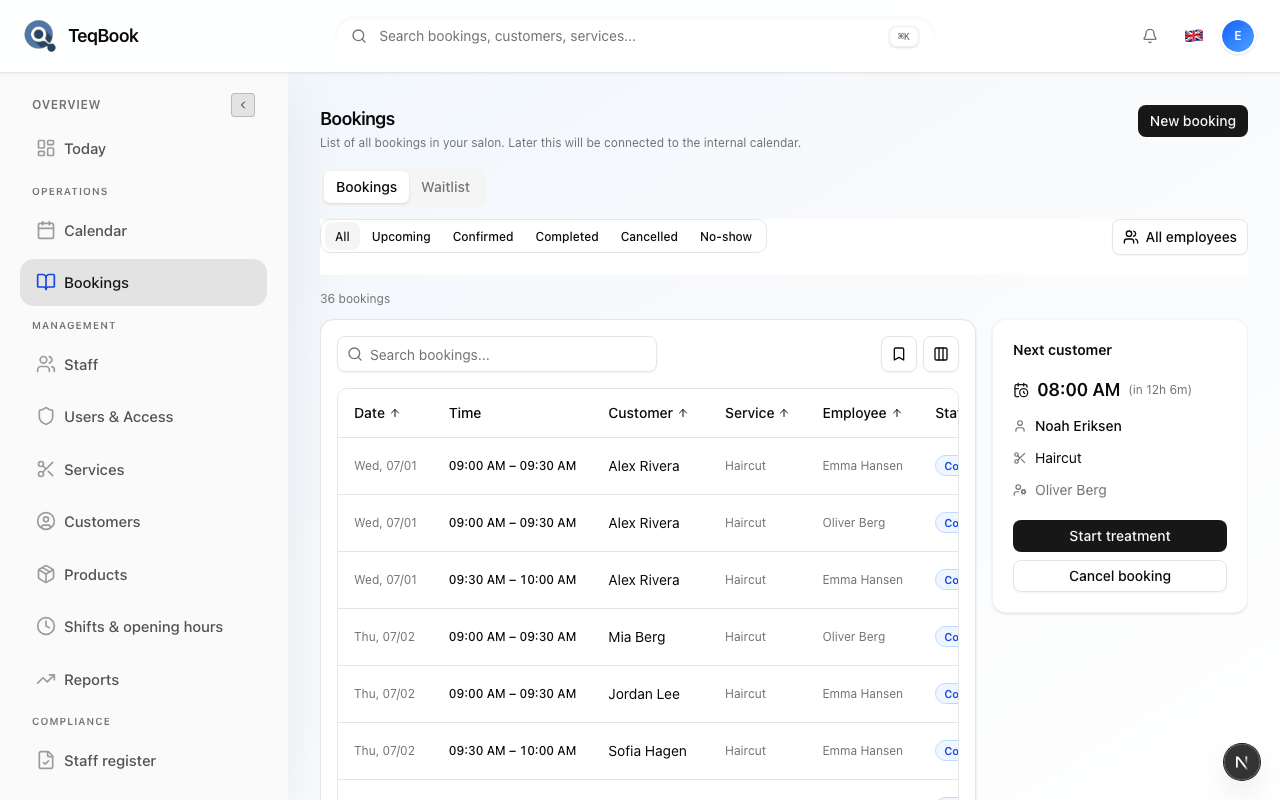 Bookings page with New booking action