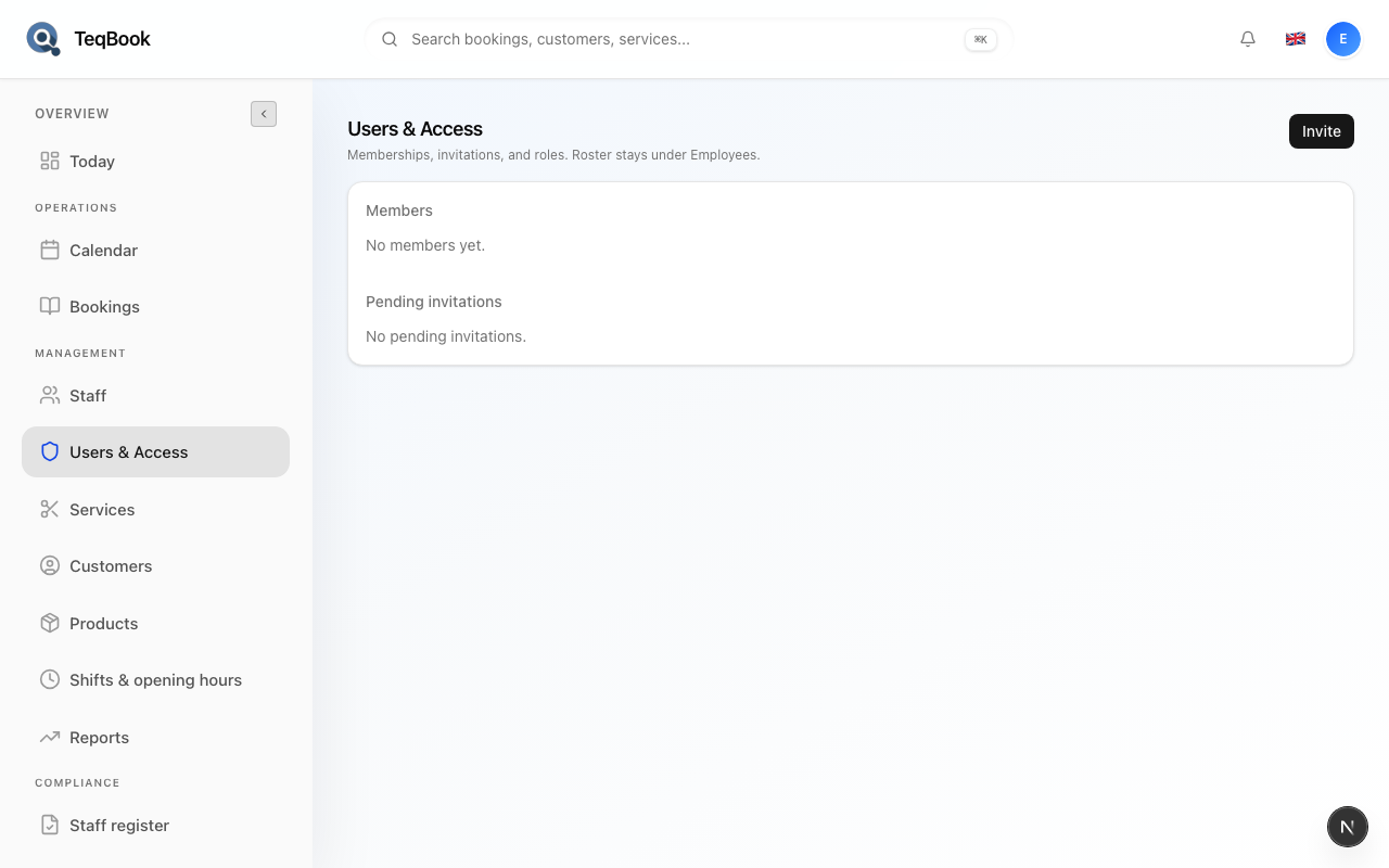 Users & Access page in the TeqBook dashboard