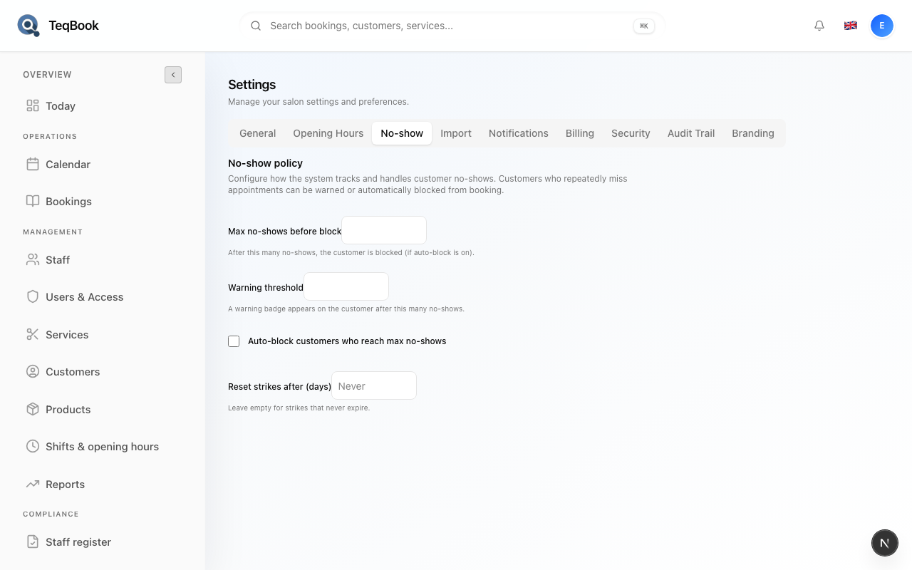manage no show policy settings screenshot