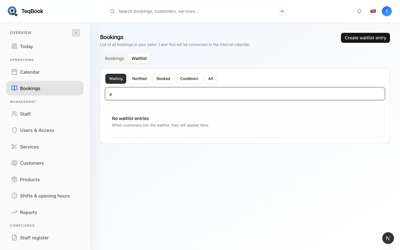 Waitlist search filtering customer rows