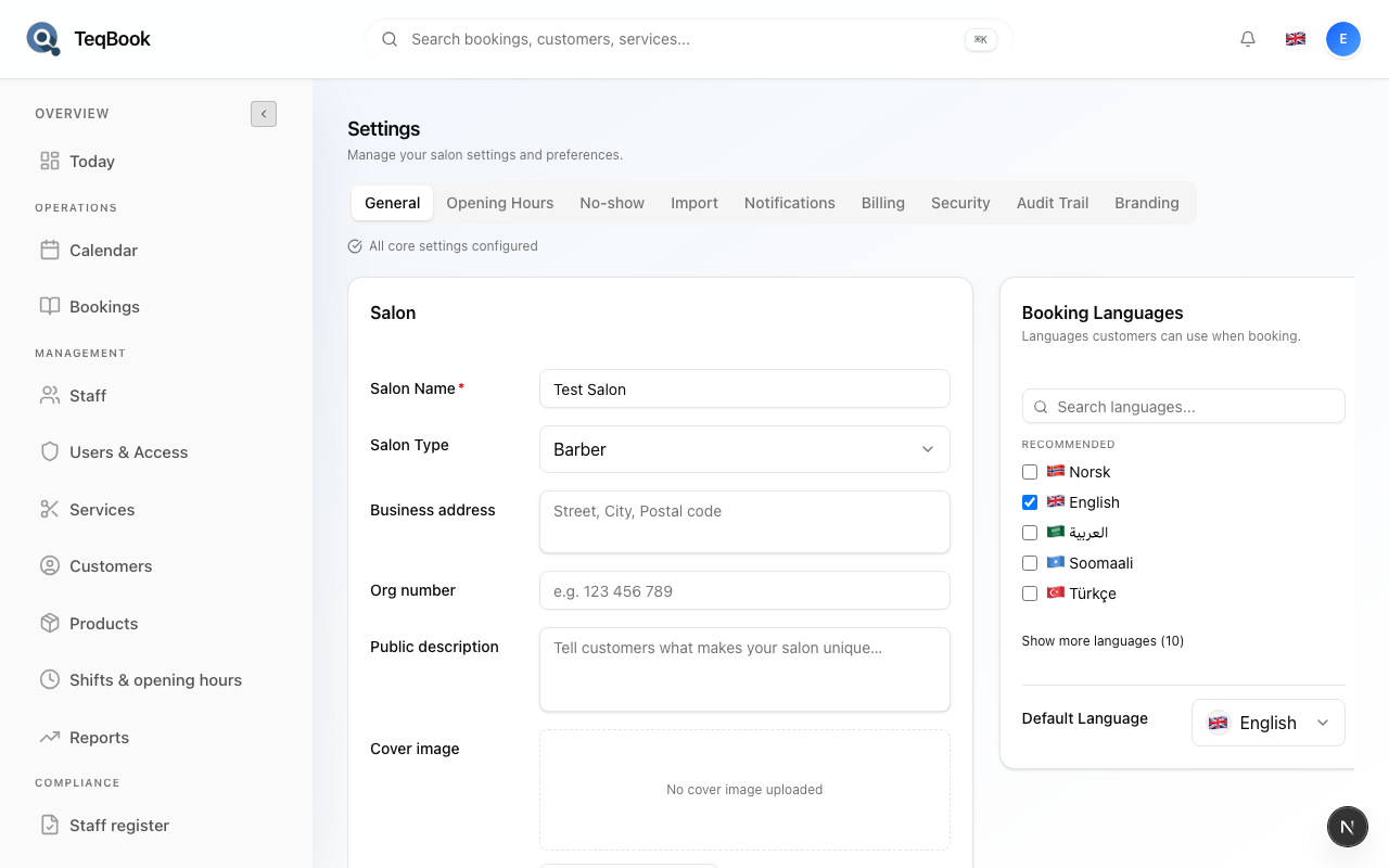 Settings General salon profile page